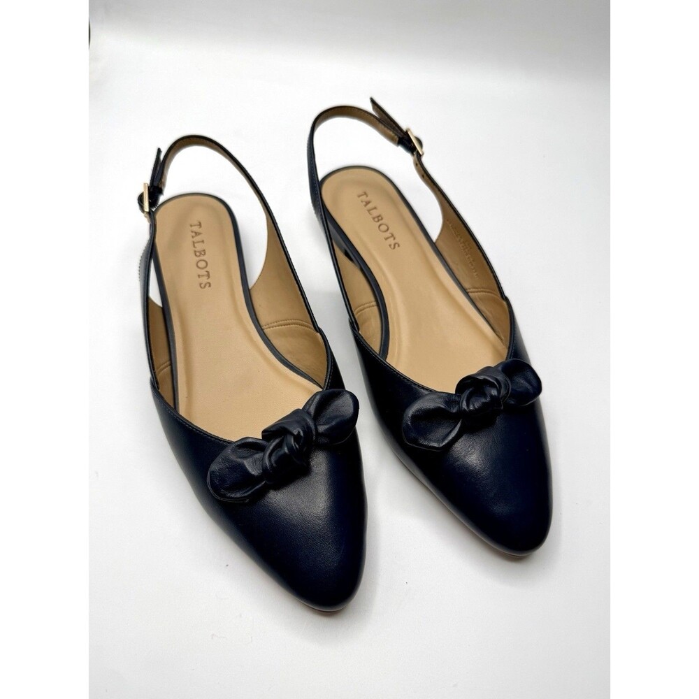 Talbots Navy Blue Leather Slingback 8M Womens Flats Pointed Toe Bow Minimalist